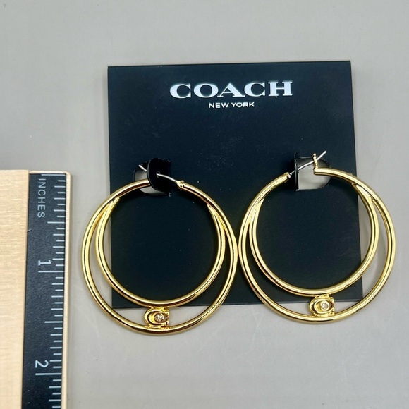 COACH Signature Double Hoop Logo Gold-Tone Earrings withh Cubic Zirconia Stones - Picture 4 of 6